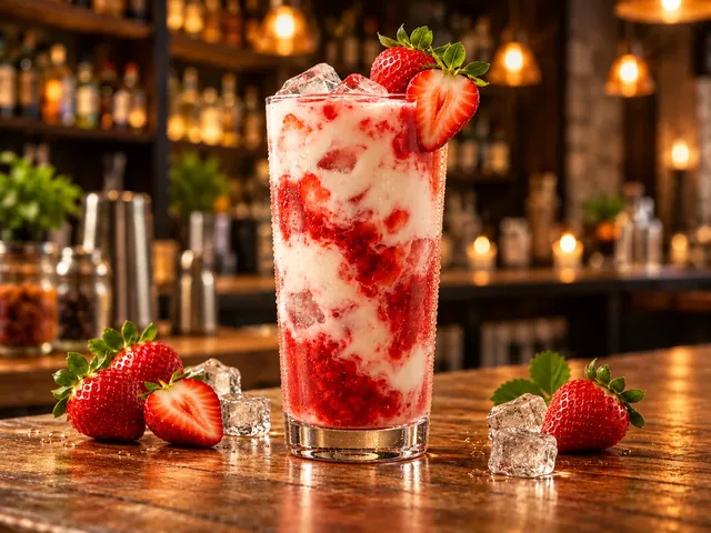 Drink de morango servido em uma bancada