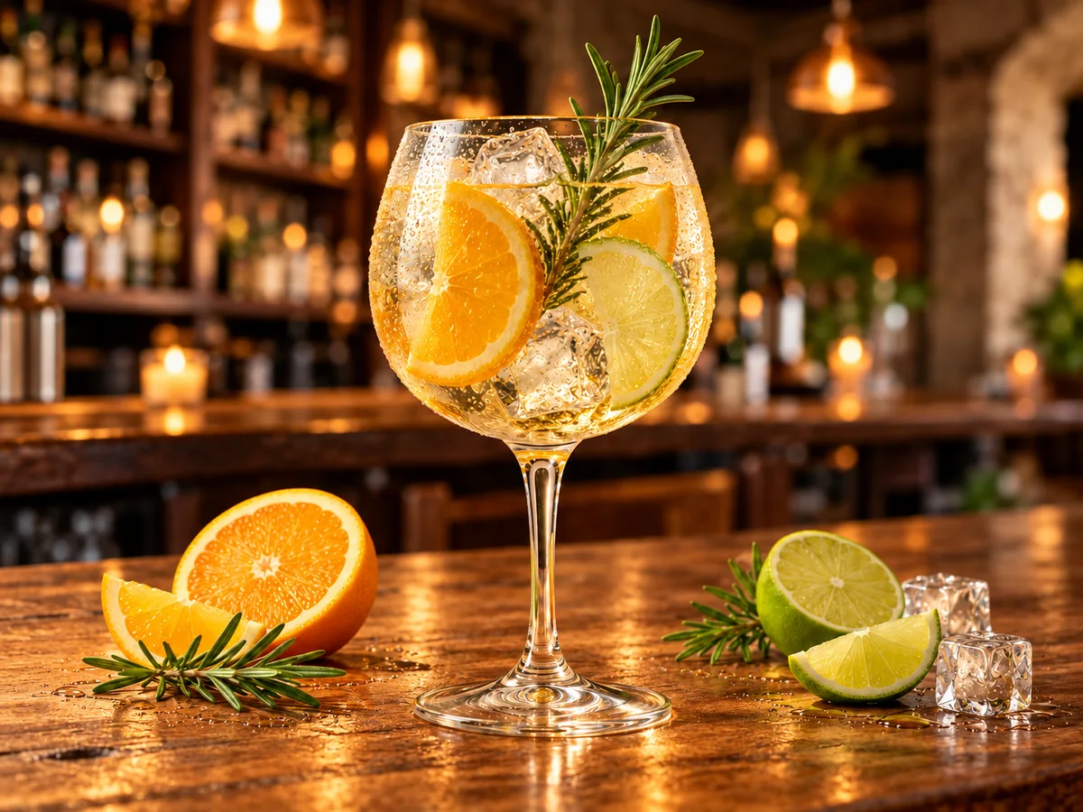 Gin com frutas e gelo em uma bancada de bar